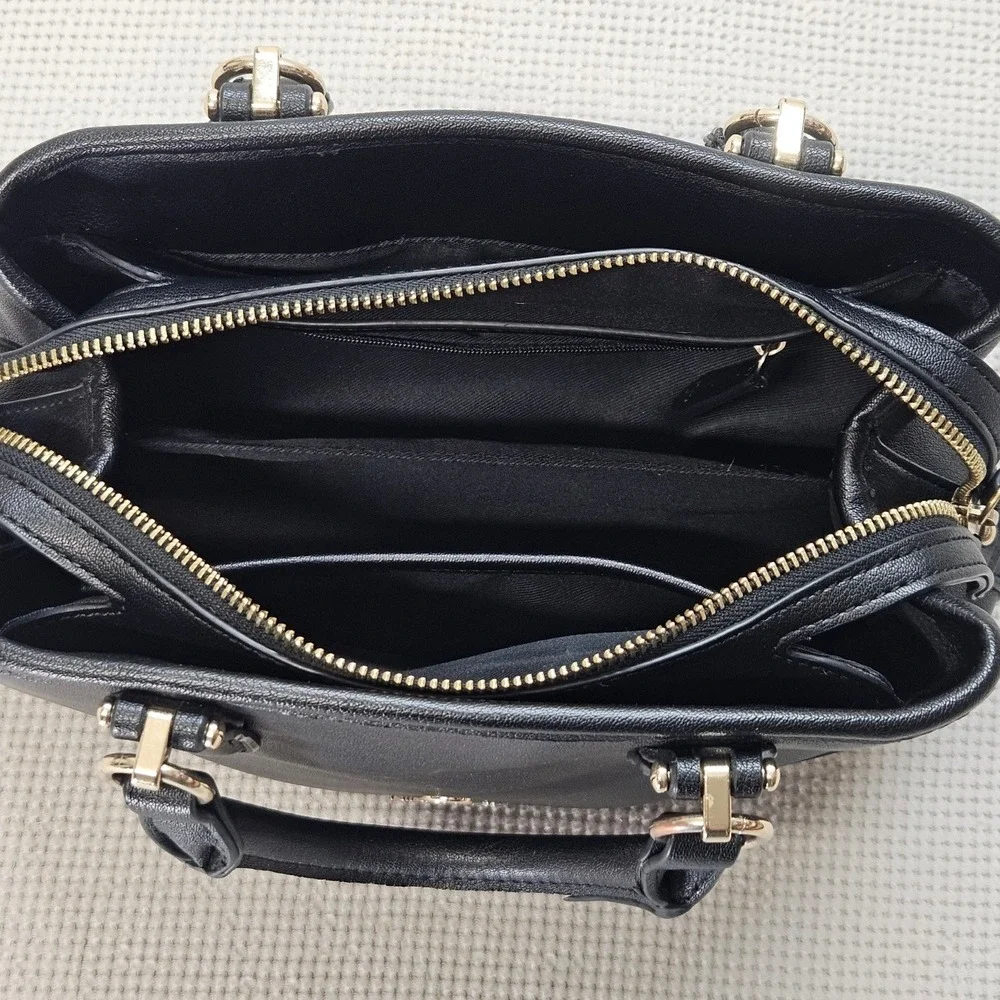 Nine West Black Pebbled Faux Leather Satchel Bag Gold Hardware Three Compartment
